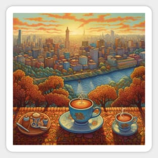 A cup of morning coffee overlooking the big city. Sticker